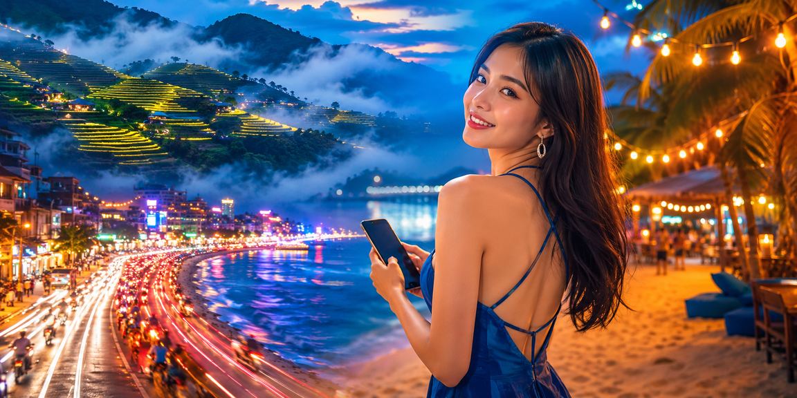 Trò chơi casino trên thiết bị di động với ánh đèn neon tại Sapa
